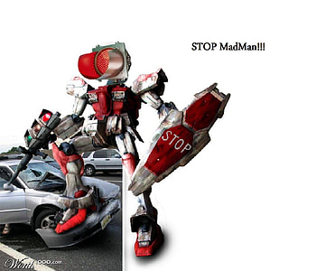 stop madman!, stop, robot, crush, madman, cool, funny, future stop sign HD wallpaper
