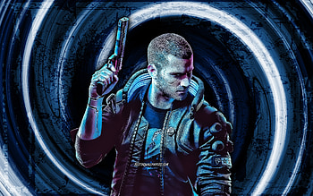 Character V, blue grunge background, Cyberpunk 2077, RPG, fan art, Cyberpunk 2077 characters, vortex, Character V Cyberpunk, Vincent Cyberpunk 2077 HD wallpaper