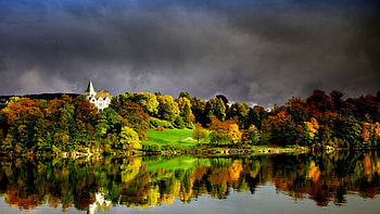 lakeside palace under stormy skies, lawn, palace, clouds, trees, autumn, lake, storm HD wallpaper