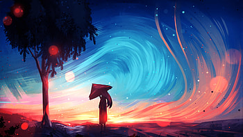 Girl wears an Asian conical hat next to a tree, backdropped by a surreal sunrise landscape, blue, asian, morning, landscape, girl, woman, tree, sunrise, abstract, anime, red, nature, sky, sun HD wallpaper