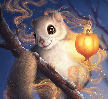 The magic lantern, art, veverita, orange, tree, fantasy, natalia kolchina, lantern, luminos, squirrel HD wallpaper