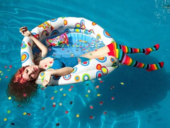 Rainbow Girl, colorful, colorful glitter, small pool, pool, colored stocking, beautiful girl in blue dress, candy HD wallpaper