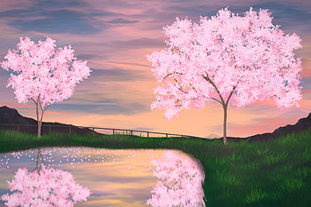 Peaceful Water Garden, pink, tree, reflection, grass, sky, clouds, artist, artwork, art, digital-art, pixiv HD wallpaper