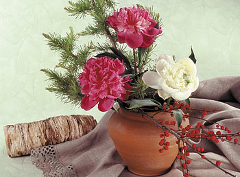 Flowers, Peonies, Berries, Branch, Needles, Pot, Log, Tablecloth HD wallpaper