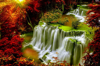 Lovely Autumn Waterfalls, trees, autumn, leaves, water HD wallpaper