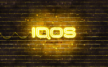 IQOS yellow logo, , yellow brickwall, IQOS logo, brands, IQOS neon logo, IQOS HD wallpaper