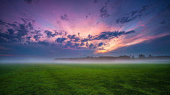 Magical Sky, clouds, fields, fog, sunset HD wallpaper