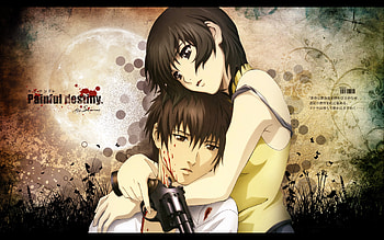 Forever, lover, abstract, moon, short hair, couple, gun, blood, male, female, pistol, girl, brown eye, anime girl, boy, anime, love, brown hair, weapon HD wallpaper