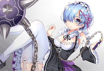 Rem (Re:zero), Blush, Re:zero Starting Life In Another World, Anime, Blue Eyes, Blue Hair, Headband, Short Hair, Thigh Highs HD wallpaper