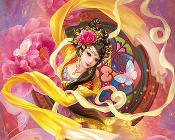 Goddess, frumusete, asian, peony, ribbons, girl, spring, pink, butterfly, flower, yellow HD wallpaper