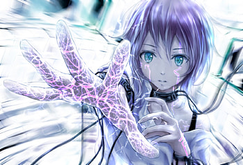 Impulse, blue, black, purple hair, cute, beauty, lady, sweet, white, art, electricity, girl, beautiful, woman, purple, anime girl, anime, pretty, lovely HD wallpaper