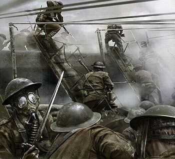 Over the Top, uniform, guns, soldiers, artwork, bayonet, fantasy, helmet, smoke, ww1, trench HD wallpaper