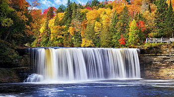 Tahquamenon Falls, Michigan, river, fall, autumn, trees, colors, cascade, forest HD wallpaper