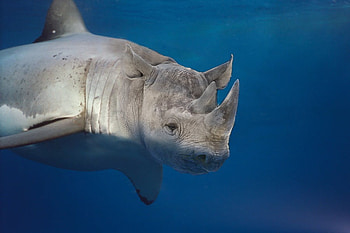 RHINOSHARK, rhino, manipulation, hybrid, morphed, sea life, shark, fantasy, hop, cool, underwater, funny, ocean HD wallpaper