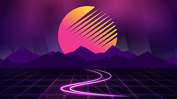 Neon, cyberwave, purple, mountains, moon, outrun HD wallpaper