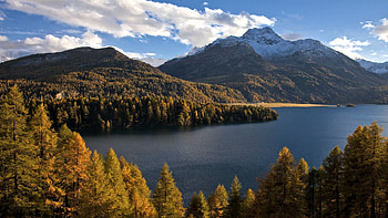 Lake Sils, Engadin, Switzerland, mountains, autumn, trees, landscape, clouds, sky, alps HD wallpaper