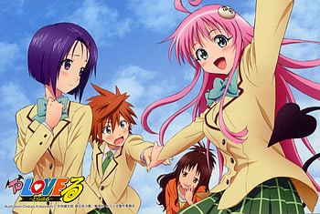To Love-Ru, orange hair, purple hair, devil, uniform, school uniform, artistic, digital, cg, tan, school, black eyes, peke-chan, skirt, outfit, art, blue eyes, sairenji haruna, pink hair, tail, orange, demon, tie, pink, green, yuuki mikan, lala satalin deviluke, clouds, yuuki rito, sky, blush, shy HD wallpaper