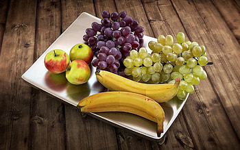 Fruits, table, apples, grapes, bananas HD wallpaper