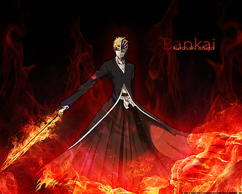 Ichigo Kurosaki, zanpakutou, ichigo, flames, bleach, lone, kurosaki ichigo, hollow ichigo, male, zanpakuto, sword, vizard, weapons, bankai, anime, katana, fire HD wallpaper