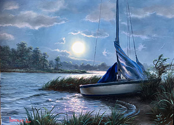 Sunrise at Myrtle Beach, artwork, sea, painting, trees, sky, grass, sailboat, sun HD wallpaper