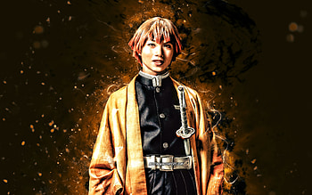 Zenitsu Agatsuma, , orange neon lights, Demon Slayer, protagonist, Kimetsu No Yaiba, orange abstract rays, Agatsuma Zenitsu, manga, Zenitsu Agatsuma , Zenitsu Agatsuma Demon Slayer HD wallpaper