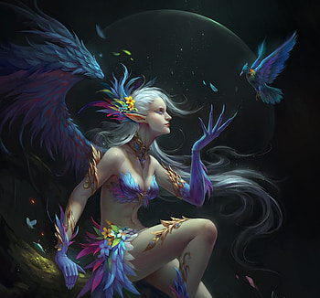 Angel, blue, black, art, bird, pasare, girl, fantasy, luminos, wenfei ye HD wallpaper