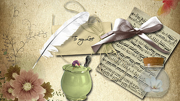 Music of Love, envelope, feather, jar, sugar bowl, abstract, flowers, sheet music, ribbo, bow HD wallpaper