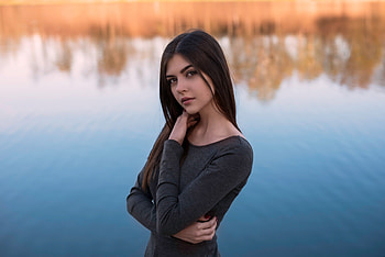 Cute, brunette, girl model, lake HD wallpaper