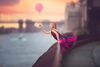 The pink balloon, pink, meg bitton, girl, balloon, dress, water, child, copil HD wallpaper