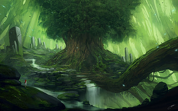 The tree, river, fantasy, art, green, girl, luminos, water, tree HD wallpaper