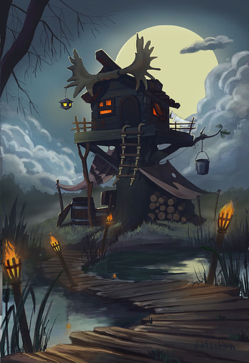 Art, Fairy Tale, Bridge, Hut, Horns, Story HD phone wallpaper