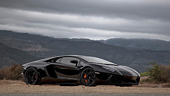 lambroghini aventador, black, mountains, car, field HD wallpaper