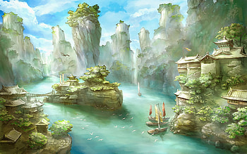 Safe Harbor, city, town, cove, rocks, new world, mist, safety, ships, fantasy, abstract, boats, bridge, sky, peace, water, harbor HD wallpaper