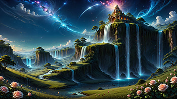 Enchanted Castle Waterfalls: A Fantasy Nature Escape, fantasy, waterfall, nature, landscape, castle, fantasy landscape HD wallpaper