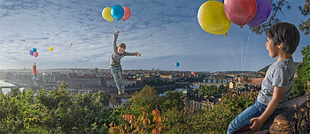 Flying over Prague, blue, copil, adrian sommeling, summer, pink, creative, fantasy, cboy, yellow, balloon, child HD wallpaper