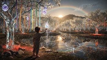 Prismatic Twilight — Light Spectrum, Light Spectrum, Child, Forest, River, Rainbow HD wallpaper