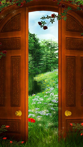 Entrance to Enchanted World, green, grass, flower, door, fantasy, artistic HD phone wallpaper