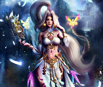 The Rune Mistress, blue, eddy-shinjuku, final fantasy, girl, beauty, pink, butterfly, fantasy, yellow, game, luminos HD wallpaper