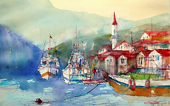 Landscape, canvas, town, watercolor, lake HD wallpaper