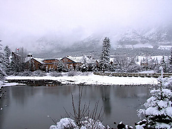 Morning in Canmore, In the Rockies, trees, water, snow, house HD wallpaper