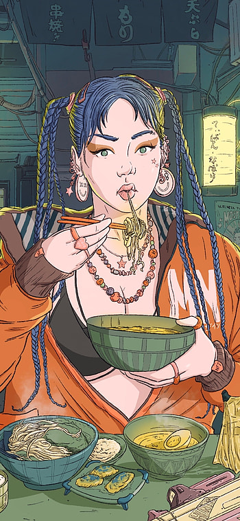Anime, art, cartoon, illustration, eating, girl, food HD phone wallpaper