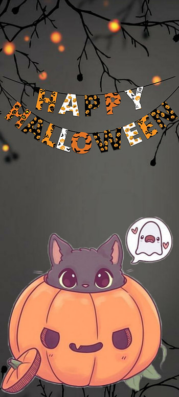 Halloween, orange, red, ghost, cat, black, cute, pumpkin HD phone wallpaper