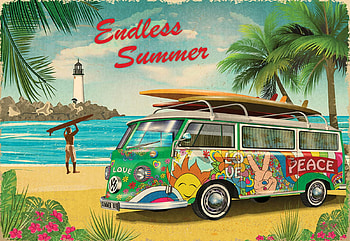 Endless Summer, camper, car, beach, sea, palms, lighthouse HD wallpaper