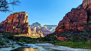 Looking Back at Angel's Landing, Zion NP, rocks, usa, utah, river, landscape, sky HD wallpaper