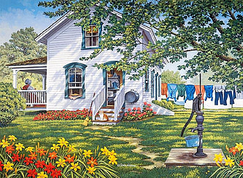 Summer Kitchen, House, painting, garden, flowers, well, tree, clothings HD wallpaper