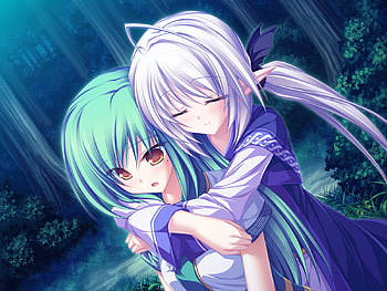 yoshika and suzu, suzu, yellow eyes, game cg, aqua hair, trees, elf, whie hair HD wallpaper