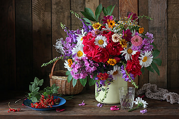 Still life with flowers, Flowers, Basket, Bouquet, Berries HD wallpaper
