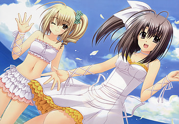 Oretachi ni Tsubasa wa Nai, sea, sexy, cute, ribbons, nishimata aoi, long hair, anime, brown hair, girls, sky, blonde hair, blush HD wallpaper