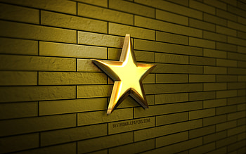 3D golden star, , brown brickwall, creative, star icon, 3D art, stars, golden star HD wallpaper