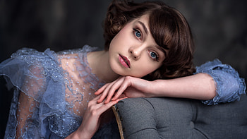 Beauty, olia pushkina, blue, face, iuri liamin, girl, hand, woman HD wallpaper
